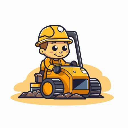 Illustration for Cartoon little boy working on a construction machine. Vector illustration. - Royalty Free Image
