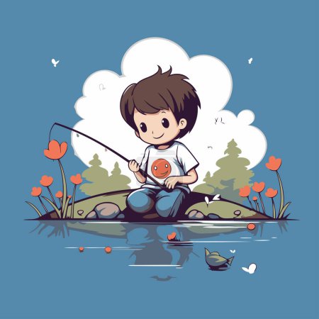Illustration for Cute little boy fishing on the river. Cartoon vector illustration. - Royalty Free Image