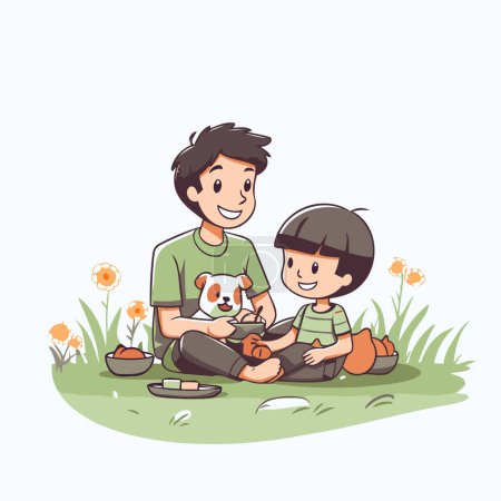 Illustration for Father and son sitting on the grass and playing with dog. Vector illustration. - Royalty Free Image