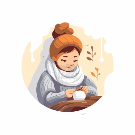 Illustration for Young woman in warm clothes sitting at table and drinking tea. Vector illustration. - Royalty Free Image
