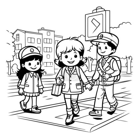 Illustration for Children with school uniforms on the street. black and white vector illustration - Royalty Free Image
