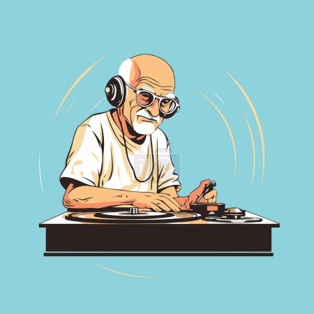 Ilustración de Ilustración vectorial de un anciano jugando al tocadiscos con auriculares. - Imagen libre de derechos