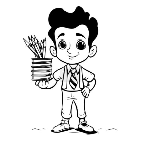 Illustration for School boy with books and pencils - black and white vector illustration - Royalty Free Image