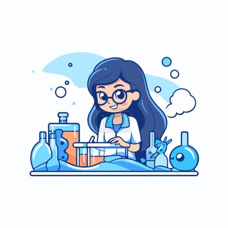Illustration for Scientist girl working in laboratory. Vector illustration in cartoon style. - Royalty Free Image