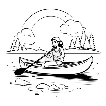 Téléchargez les illustrations : Kayak sur le lac. Illustration vectorielle. Noir et blanc. - en licence libre de droit