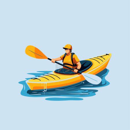 Illustration for Man in yellow kayak on the water. Flat style vector illustration. - Royalty Free Image