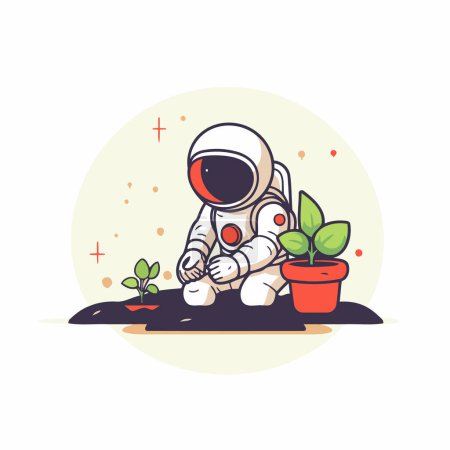 Illustration for Astronaut sitting on the ground and looking at plants. Vector illustration - Royalty Free Image