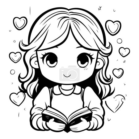 Illustration for Cute Cartoon Girl Reading a Book - Black and White Vector Illustration - Royalty Free Image