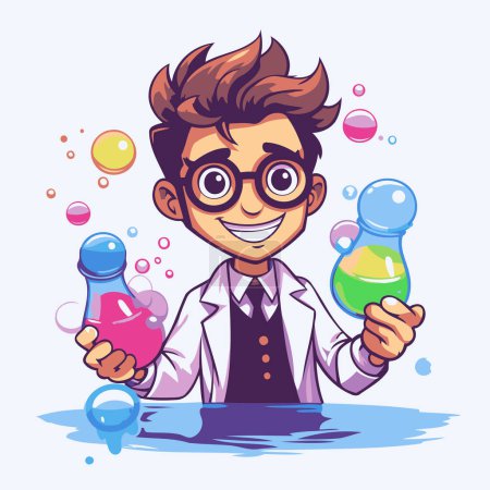 Illustration for Funny cartoon scientist holding test tubes with colorful liquids. Vector illustration - Royalty Free Image