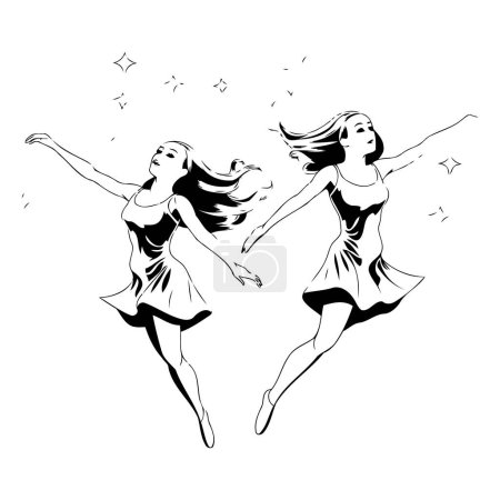 Téléchargez les illustrations : Deux filles sautent et volent dans les airs. illustration vectorielle noir et blanc - en licence libre de droit
