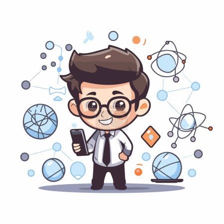 Illustration for Cartoon boy holding smart phone with science icons. Vector illustration. - Royalty Free Image