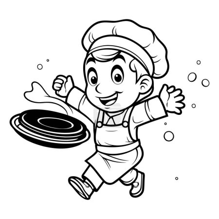 Téléchargez les illustrations : Dessin animé noir et blanc Illustration d'un jeune garçon chef portant un costume de cuisinier tenant une casserole - en licence libre de droit
