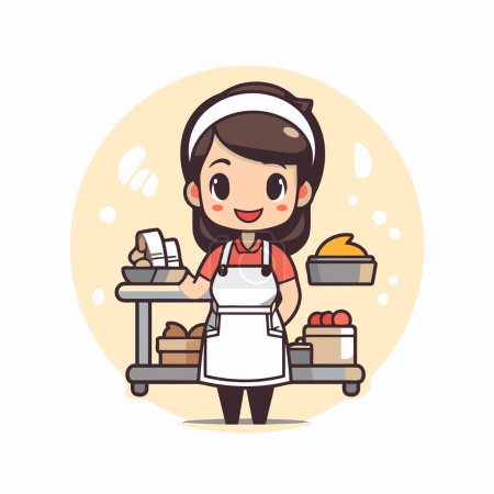 Illustration for Cartoon bakery shop girl vector illustration. Cute bakery shop worker character. - Royalty Free Image