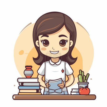 Illustration for Cute little girl reading book and preparing for school. Vector illustration. - Royalty Free Image