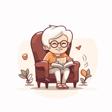 Illustration for Elderly woman sitting in armchair and reading book. Vector illustration. - Royalty Free Image