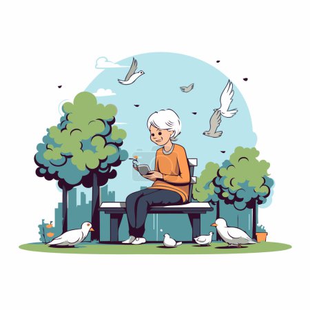 Ilustración de Mujer mayor sentada en el banco en el parque y leyendo el libro. - Imagen libre de derechos