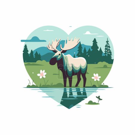 Illustration for Vector illustration of a moose in a heart shape on a lake. - Royalty Free Image