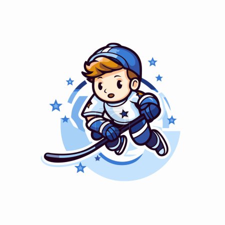 Téléchargez les illustrations : Joli petit garçon jouant au hockey. Illustration vectorielle dans le style dessin animé. - en licence libre de droit