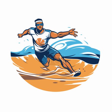 Illustration for Vector illustration of a surfer jumping on the surfboard in the ocean. - Royalty Free Image
