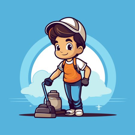 Illustration for Cute boy cleaning the lawn with a lawn mower. Vector illustration. - Royalty Free Image