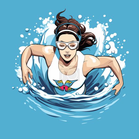 Illustration for Surfer girl on the wave. Vector illustration. Isolated on blue background. - Royalty Free Image