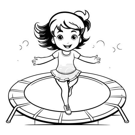 Ilustración de Ilustración de dibujos animados en blanco y negro de linda niña saltando sobre un trampolín - Imagen libre de derechos