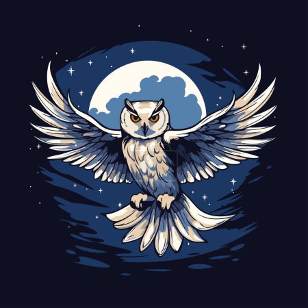 Téléchargez les illustrations : Hibou volant dans le ciel nocturne avec pleine lune. Illustration vectorielle. - en licence libre de droit