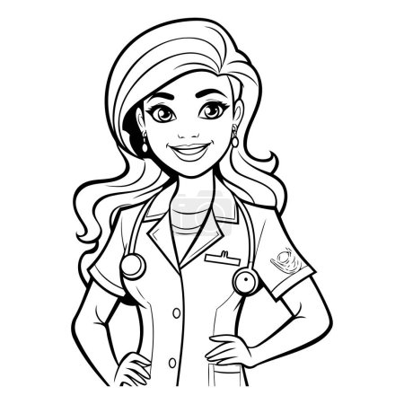 Ilustración de Ilustración de dibujos animados en blanco y negro del personaje de doctora o enfermera para colorear libro - Imagen libre de derechos