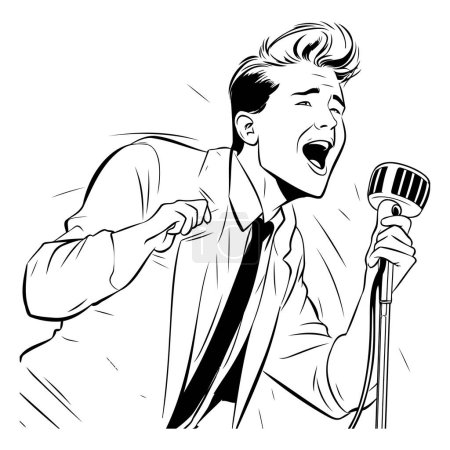 Téléchargez les illustrations : Illustration vectorielle d'un homme chantant du karaoké avec un microphone. - en licence libre de droit