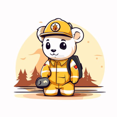 Téléchargez les illustrations : Mignon ours dessin animé en uniforme de pompier sur le fond de la forêt. - en licence libre de droit