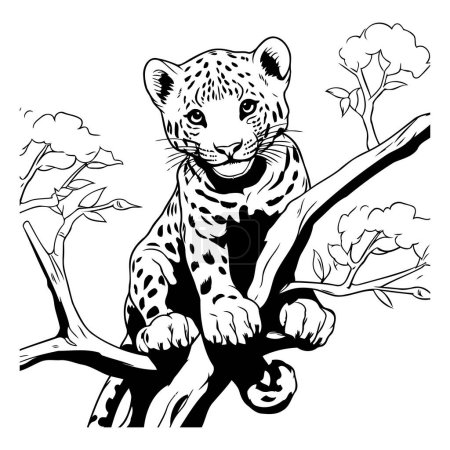 Ilustración de Jaguar sentado en una rama de árbol. ilustración vectorial en blanco y negro - Imagen libre de derechos