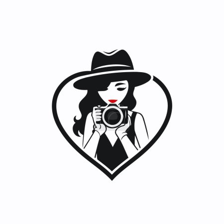 Téléchargez les illustrations : Illustration d'une photographe tenant un appareil photo en forme de cœur - en licence libre de droit