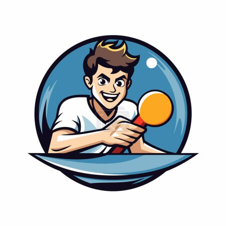 Ilustración de Ilustración de un jugador de tenis de mesa con raqueta y bola dentro del círculo hecho en estilo retro. - Imagen libre de derechos
