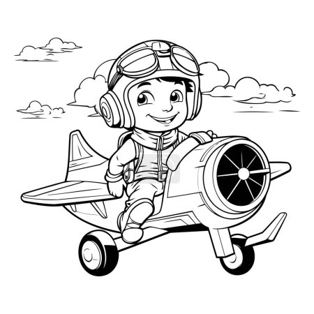 Illustration for Cute little boy in aviator costume flying in airplane. Vector illustration. - Royalty Free Image
