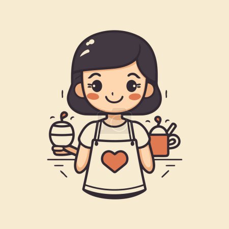 Illustration for Cute little girl in apron with cup of tea. Vector illustration - Royalty Free Image
