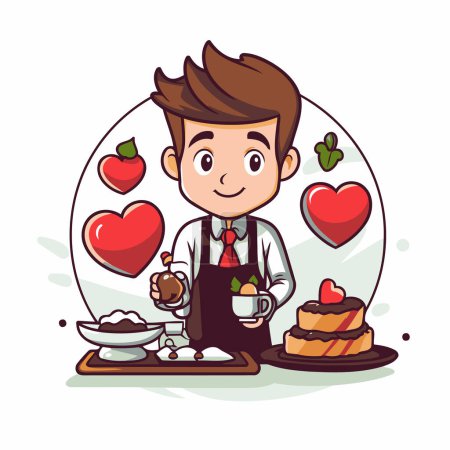 Ilustración de Lindo chico de dibujos animados con pastel y una taza de café. Ilustración vectorial. - Imagen libre de derechos