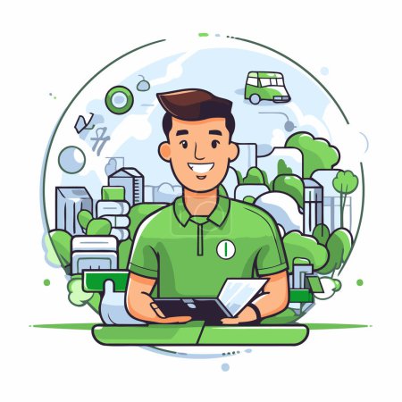 Illustration for Young man in green t-shirt with tablet in the city. Vector illustration. - Royalty Free Image