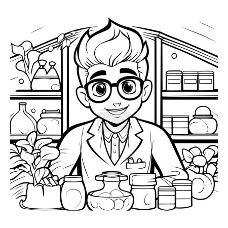 Illustration for Pharmacist in the store. Black and white vector illustration. - Royalty Free Image