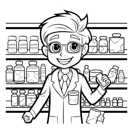 Illustration for Black and white illustration of a boy pharmacist standing in a drugstore. - Royalty Free Image