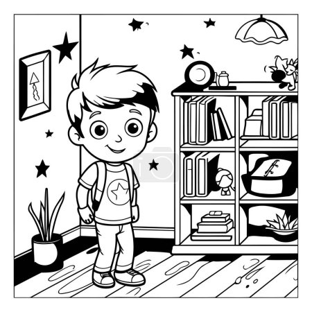 Téléchargez les illustrations : Illustration vectorielle noire et blanche d'un mignon petit garçon debout à la bibliothèque. - en licence libre de droit
