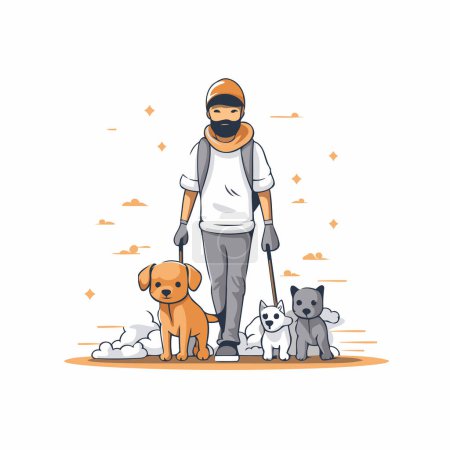 Illustration for Man walking dogs. Vector illustration in cartoon style on white background. - Royalty Free Image