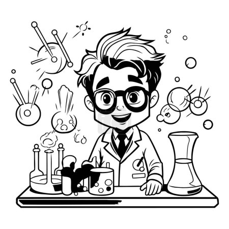 Illustration for Black and White Cartoon Scientist or Chemist Character with Glasses and Lab Equipment - Royalty Free Image