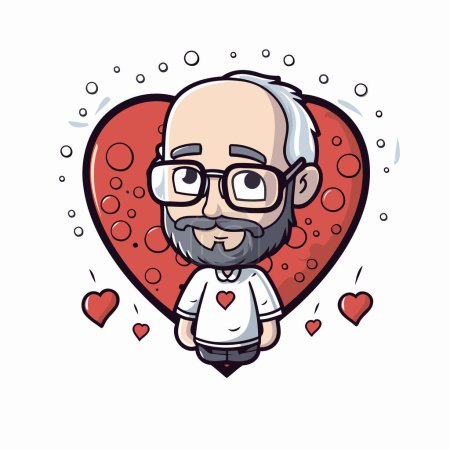 Téléchargez les illustrations : Homme dessin animé mignon avec des lunettes et barbe en forme de coeur. Illustration vectorielle. - en licence libre de droit