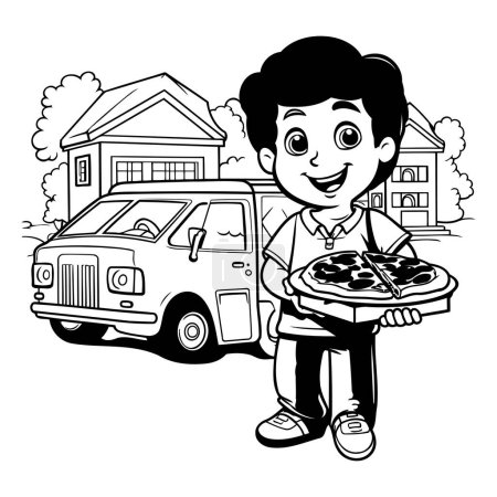 Téléchargez les illustrations : Garçon avec pizza et voiture sur le fond de la maison. Illustration vectorielle. - en licence libre de droit