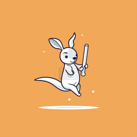 Téléchargez les illustrations : Joli kangourou de dessin animé sautant avec une batte de baseball. Illustration vectorielle. - en licence libre de droit