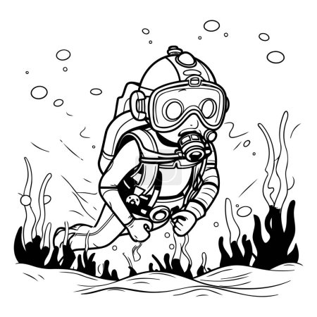 Illustration for Scuba diver in the sea. black and white vector illustration. - Royalty Free Image