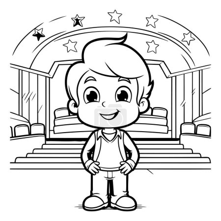 Téléchargez les illustrations : Illustration de bande dessinée en noir et blanc du personnage étudiant d'un garçon enfant pour un livre à colorier - en licence libre de droit