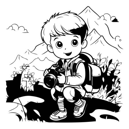 Ilustración de Ilustración de dibujos animados en blanco y negro de niño con cámara para colorear libro - Imagen libre de derechos