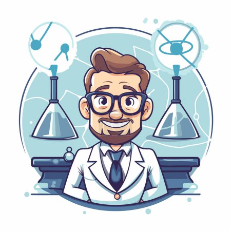 Illustration for Vector illustration of a male scientist in a lab coat and glasses. - Royalty Free Image