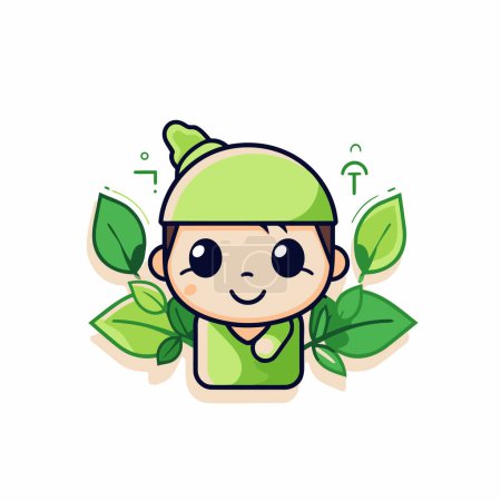Illustration for Cute little boy cartoon character with green leaves vector Illustration. - Royalty Free Image